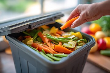 Hand dropping vegetable scraps into a compost bin at home for sustainable waste management