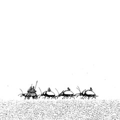 Fototapeta premium A whimsical scene of a carriage pulled by beetles with tiny riders in a field of grass and foliage