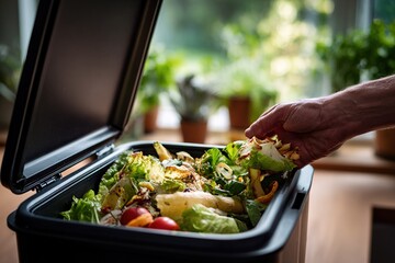 Hand dropping vegetable scraps into compost bin in a bright kitchen with greenery in the background