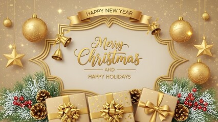 Golden Christmas Greeting Card with Holiday Message, Gifts, and Ornaments