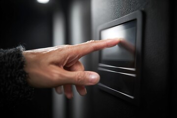 Hand touching a sleek digital control panel in a modern setting for high-tech interaction