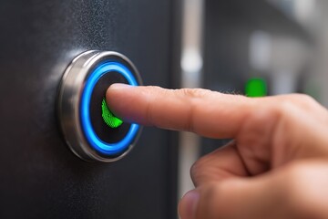 User activating a biometric security system with a fingerprint scanner in a modern building