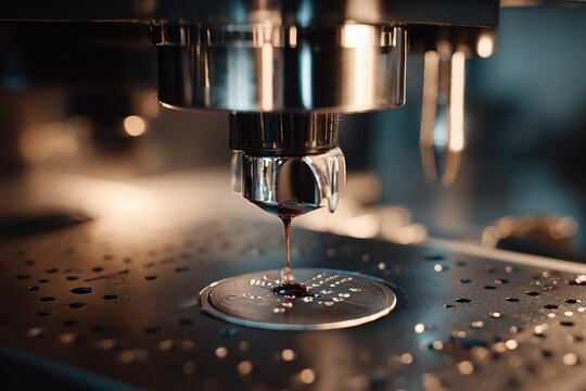 Coffee brewing process captured close-up in a modern coffee machine with rich espresso flowing