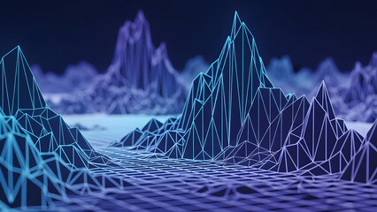 Abstract Neon Landscape with Wireframe Mountains and Glowing Grid Lines for Futuristic Cyberpunk Voxel Art and Digital Design Background with Low Poly Style Terrain
