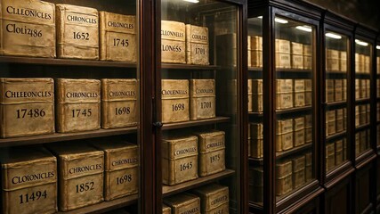 Long corridor filled with wooden shelves containing labeled archival boxes. Camera pans slowly across storage room preserving historical documents. storage dedicated to preserving historical documents