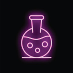 Pink neon sign depicting a round bottom flask with bubbling liquid, perfect for themes of chemistry, science, and laboratory research
