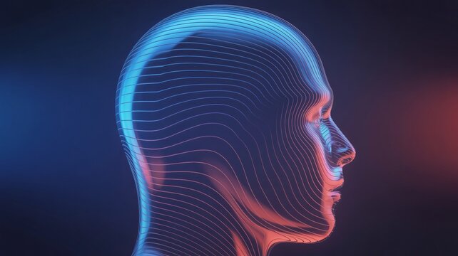 Futuristic human head outline glows with vibrant neon technology feel