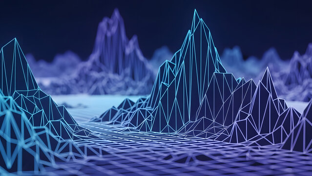Abstract Neon Landscape with Wireframe Mountains and Glowing Grid Lines for Futuristic Cyberpunk Voxel Art and Digital Design Background with Low Poly Style Terrain