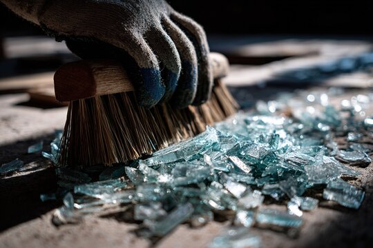 Sweeping broken glass with a broom on a wooden floor in a dimly lit room during the day