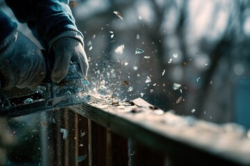 Craftsman using power tool to cut wood during outdoor project on a sunny day in autumn
