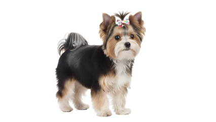 Adorable Biewer Terrier puppy with a bow standing against a white background perfect for pet-related designs