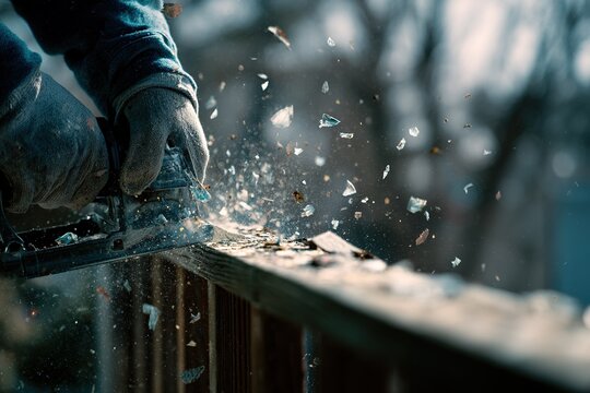 Craftsman using power tool to cut wood during outdoor project on a sunny day in autumn