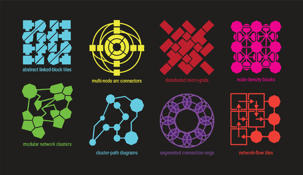 Abstract linked block tiles multi node arc connectors distributed micro grids graphics