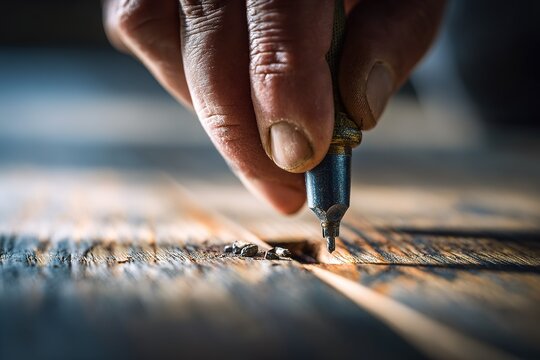 Craftsman details intricate wood design using a precision tool during afternoon workshop session