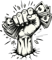 An engraving art style illustration powerful clenched fist bursting through the ground holding a large wad of cash, symbolizing financial strength and success