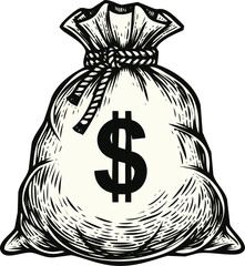 An engraving art style illustration hand drawn sketch of a money bag with a dollar sign symbol