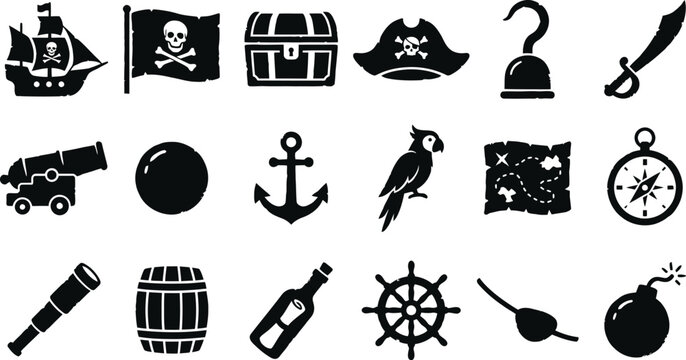 Pirate and nautical adventure silhouette icon set. Marine symbols including pirate ship, treasure chest, skull flag, parrot, anchor, compass, and weapon vector collection.