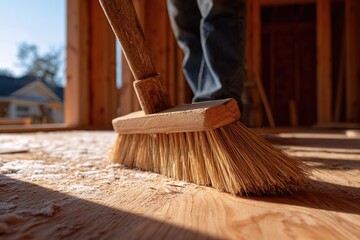 Cleaning the wooden floor during construction in a new home on a sunny afternoon