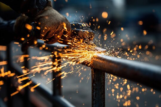 Sparks fly as a worker cuts metal with an angle grinder in an industrial setting during the daytime