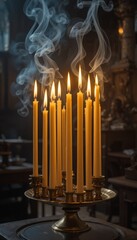 Golden orthodox candles glowing in a dark interior with gentle smoke