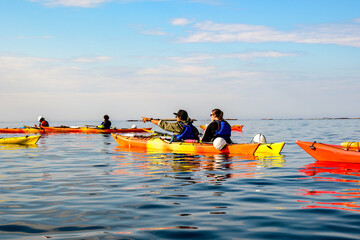 Two people lead a group of sea kayakers, using navigation skills during an outdoor guide training program or expedition on Georgian Bay, Ontario, Canada