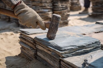 Craftsman shaping slate tiles at a stone quarry in bright sunlight during the day