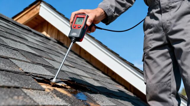 Professional using a moisture meter on a gable roof to detect hidden leaks and water damage beneath shingles.
