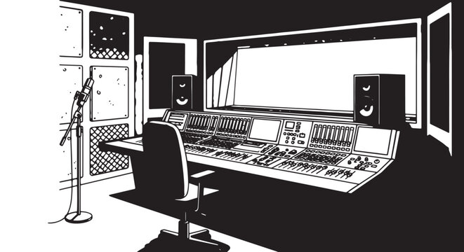 Black and white illustration of a professional studio control room with mixing console and microphone.