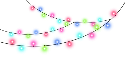 Bright party lights border &mdash; colorful glowing string garland on transparent background, christmas light border