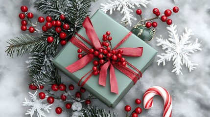 Holiday layout with green present red berries candy cane snowflakes and bell top view