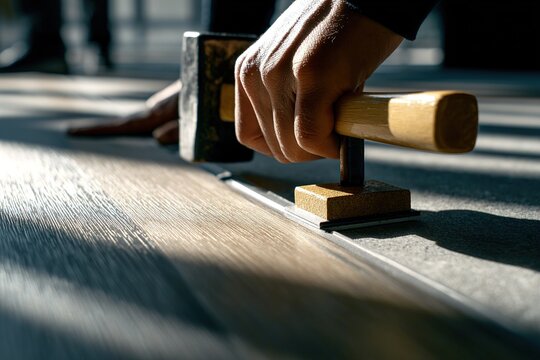 Woodworker crafting detailed patterns on a wooden surface during afternoon sunlight in a workshop