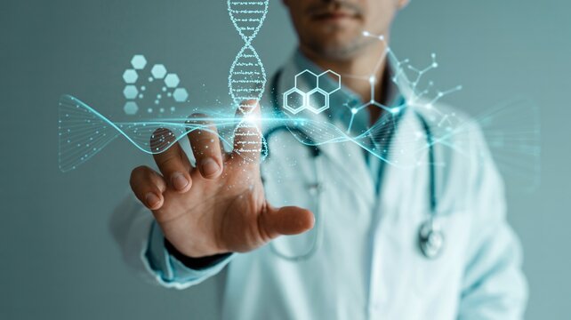 Doctor accessing cutting-edge medical data with touch interface screen