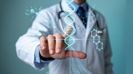 Doctor exploring innovative futuristic DNA technology, medical advancement