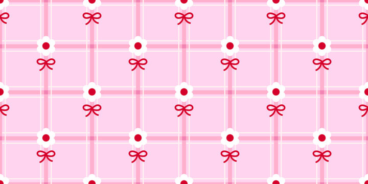 Pink plaid, gingham seamless pattern with white daisy flowers and red bows for decorative fabric or textile design. Vector illustration 