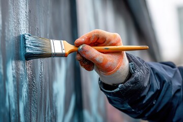 Hand holding a paintbrush applies color to a wall during a street art project in an urban setting
