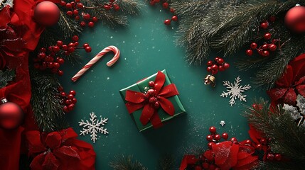 Holiday layout with green present red berries candy cane snowflakes and bell top view