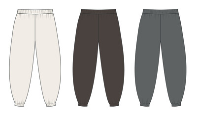 A collection of sketches of black wide-leg pants with elastic waistbands in white, brown, and gray. A mockup of a template for fashionable Aladdin pants. A set of templates for loose jogging pants.