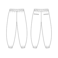 sketch of wide-leg pants with elastic waistbands, front and back views. Mockup of a template for fashionable Aladdin pants. Template for loose-fitting jogging pants.