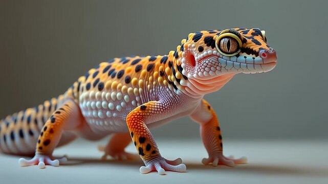 A leopard gecko stands, showcasing its patterned skin and focused gaze, indoors.
