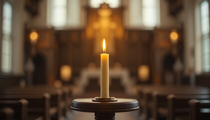 Single beeswax candle on wooden church stand with warm golden bokeh