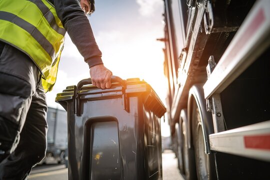 Worker pushes a trash bin near a large truck during sunset in an urban area