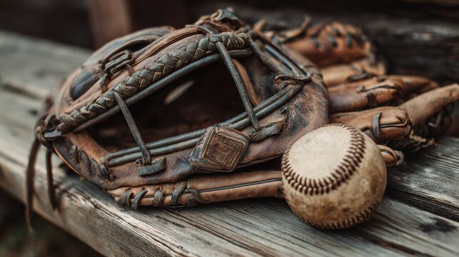 Close-up of catcher gear (mask, glove, ball) neatly arranged on wooden bench, rustic textures, storytelling still life photography. - Powered by Adobe