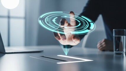 Man interacting with holographic interface for advanced tech applications