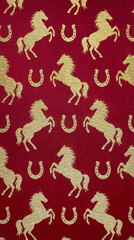 Repeating pattern of golden horses and horseshoes on a rich red background. The design is vibrant and eye-catching, suitable for various decorative uses.Generative Ai 