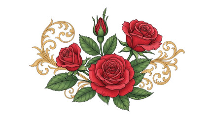 Red roses and gold baroque ornament on black background rose bouquet rose bud