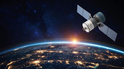 Satellite orbiting Earth at sunrise offers future global communication