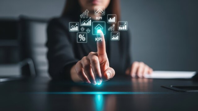 Professional businesswoman analyzing KPI growth charts for success in modern office - Powered by Adobe