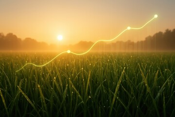 dew-covered grass illuminated by warm sunlight, featuring a glowing digital growth graph blending seamlessly into the natural scene, symbolizing harmony between nature and technology.