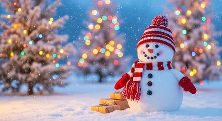Obraz premium A festive snowman stands in a snowy landscape adorned with twinkling Christmas lights and gifts.