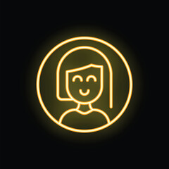 Neon yellow icon of a smiling young woman on a black background